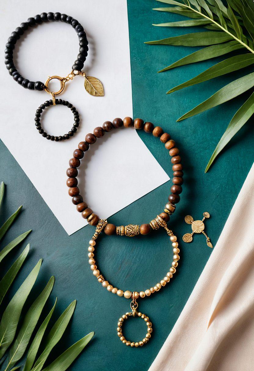 A stylish flat lay of various artisan bracelets made from unique materials like leather, beads, and metals, arranged on a textured fabric background. Include pops of seasonal colors with a touch of greenery and fashion magazines in the scene to evoke inspiration. The bracelets should showcase intricate designs and craftsmanship, enticing viewers to explore the trends. soft lighting. vibrant colors. minimalist aesthetic.