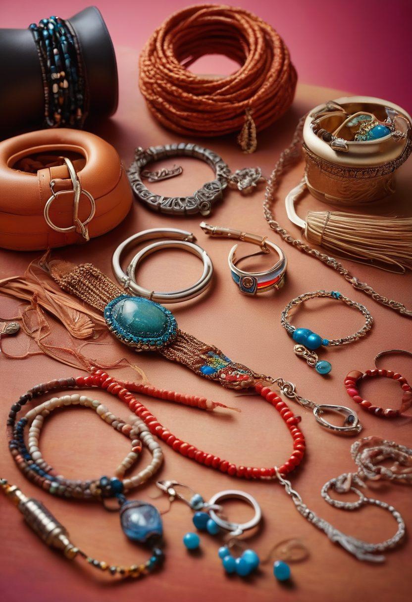 A stylish display of various hero accessories including statement necklaces, unique bracelets, and intricately designed rings, surrounded by vibrant crafting tools like beads and strings. The background features a soft gradient that reflects creativity and inspiration, evoking a sense of adventure in accessory design. Showcase textures and materials like leather, metal, and fabric in close-up detail. super-realistic. vibrant colors. soft gradient background.